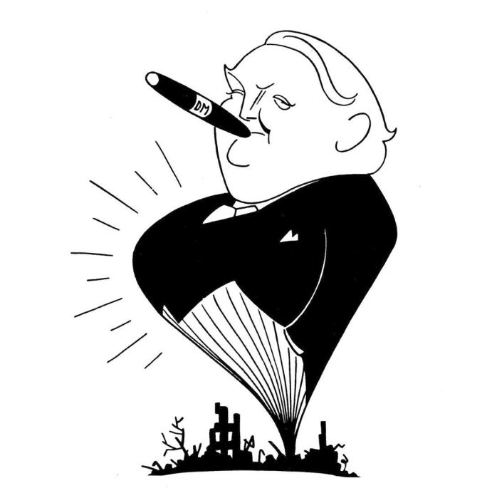 Schwarz-weiße Karikatur: aufgeblähter Mann mit Zigarre schwebt als Ballon über zerstörten Gebäuden.